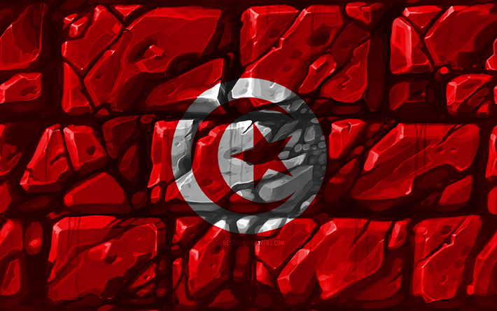 Pavillon tunisien, brickwall, 4k, les pays Africains, les symboles nationaux, le Drapeau de la Tunisie, cr&#233;atif, de la Tunisie, de l&#39;Afrique, la Tunisie 3D drapeau