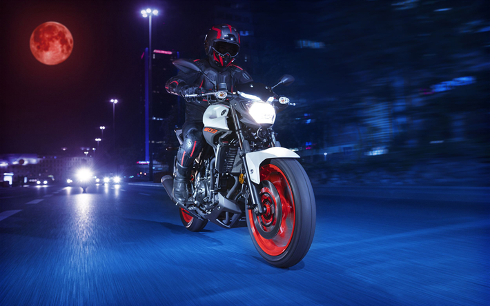 Yamaha MT-03, noite, 2019 motos, lua, motociclista em motocicletas, 2019 Yamaha MT-03, japon&#234;s motocicletas, Yamaha