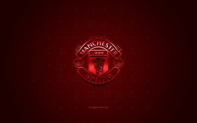 Il Manchester United FC, club di calcio inglese, rosso, logo metallico, rosso contesto in fibra di carbonio, Manchester, Inghilterra, Premier League, calcio