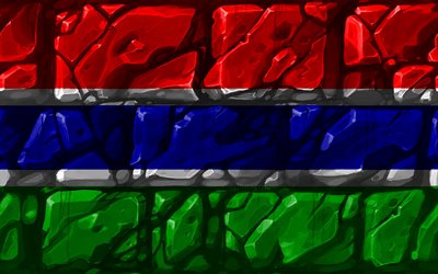 Gambian flag, brickwall, 4k, African countries, national symbols, Flag of Gambia, creative, Gambia, Africa, Gambia 3D flag