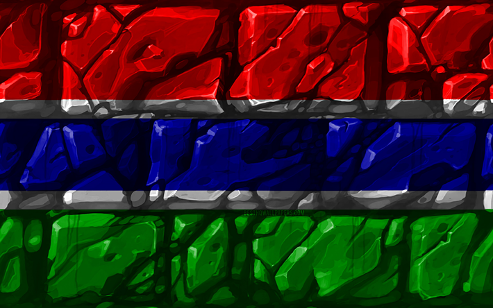 Gambien drapeau, brickwall, 4k, les pays Africains, les symboles nationaux, le Drapeau de la Gambie, de la cr&#233;ativit&#233;, de la Gambie, en Afrique, en Gambie 3D drapeau