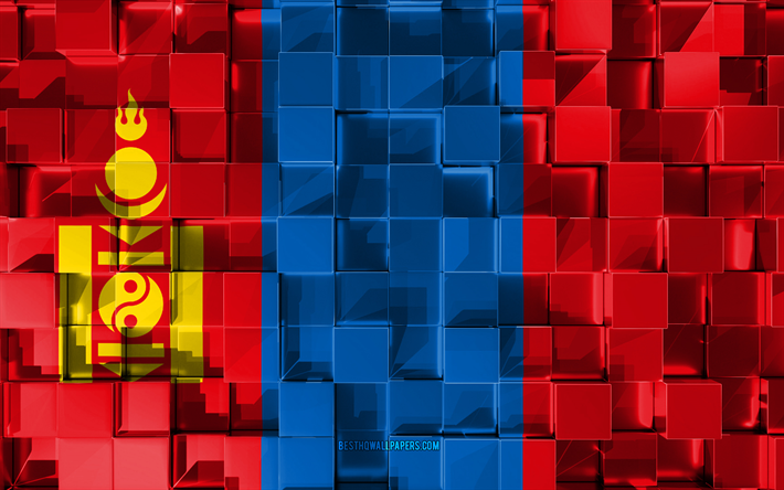 Bandera de Mongolia, indicador 3d, 3d cubos de textura, las Banderas de los pa&#237;ses Asi&#225;ticos, arte 3d, Mongolia, Asia, de textura en 3d, Mongolia bandera