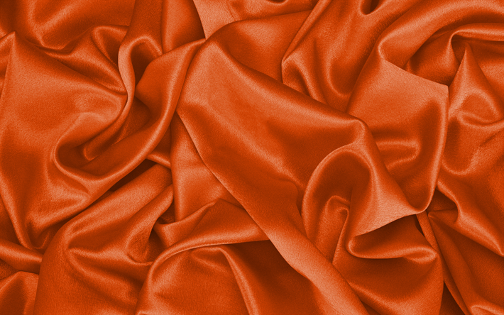 4k, orange, soie, texture, ondul&#233; texture de tissu, tissu orange fond, satin orange, de tissus, de textures, de satin, de soie, d&#39;orange texture de tissu