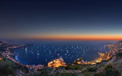 4k, Monte-Carlo, puesta de sol, costa, M&#243;naco