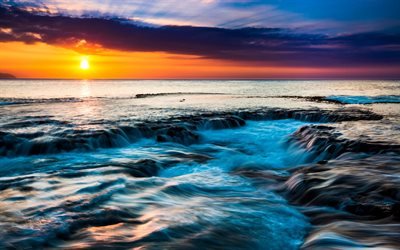 Costa, puesta de sol, mar, piedras, Hawaii, tr&#243;picos, estados UNIDOS