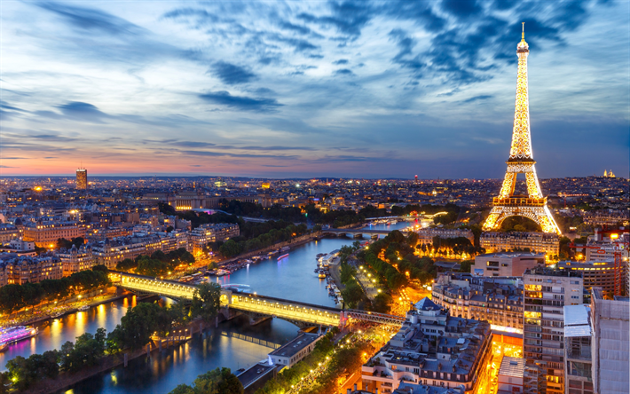 Eiffeltornet, Paris, kv&#228;ll, Frankrike, urban panorama, stadens ljus