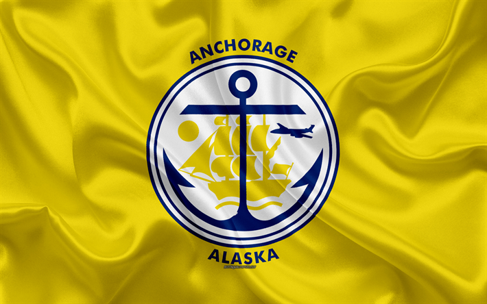 Drapeau d&#39;Anchorage, en 4k, la texture de la soie, de l&#39;Am&#233;rique de la ville, de soie jaune drapeau, l&#39;Ancrage du drapeau, de l&#39;Alaska, &#233;tats-unis, de l&#39;art, &#201;tats-unis d&#39;Am&#233;rique, l&#39;Ancrage
