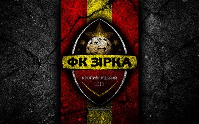 4k, Zirka Kropyvnytskyi FC, logo, UPL, soccer, black stone, Ukrainian Premier League, grunge, football club, Ukraine, Zirka Kropyvnytskyi, asphalt texture, FC Zirka Kropyvnytskyi