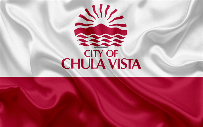Bandeira da cidade de Chula Vista, 4k, textura de seda, Cidade americana, branca de seda vermelha da bandeira, Chula Vista bandeira, San Diego, Calif&#243;rnia, EUA, arte, Estados unidos da Am&#233;rica, Chula Vista