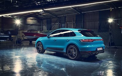 Porsche Macan, 2019, 4k, rear view, luxury sports SUV, new blue Macan, German cars, Porsche