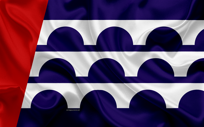 Flaggan i Des Moines, 4k, siden konsistens, Amerikansk stad, r&#246;d bl&#229; silk flag, Des Moines flagga, Iowa, USA, konst, F&#246;renta Staterna, Munkar