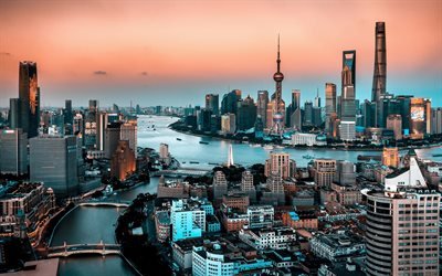 Shanghai, sunset, skyskrapor, moderna byggnader, Kina, Asien