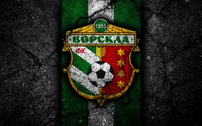 4k, Vorskla Poltava FC, logo, UPL, soccer, black stone, Ukrainian Premier League, grunge, football club, Ukraine, Vorskla Poltava, asphalt texture, FC Vorskla Poltava