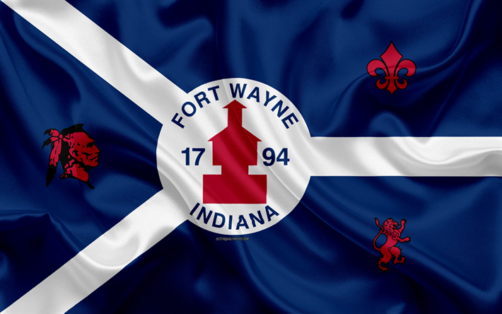 Flaggan i Fort Wayne, 4k, siden konsistens, Amerikansk stad, bl&#229; silk flag, Fort Wayne flagga, Indiana, USA, konst, F&#246;renta Staterna, Fort Wayne