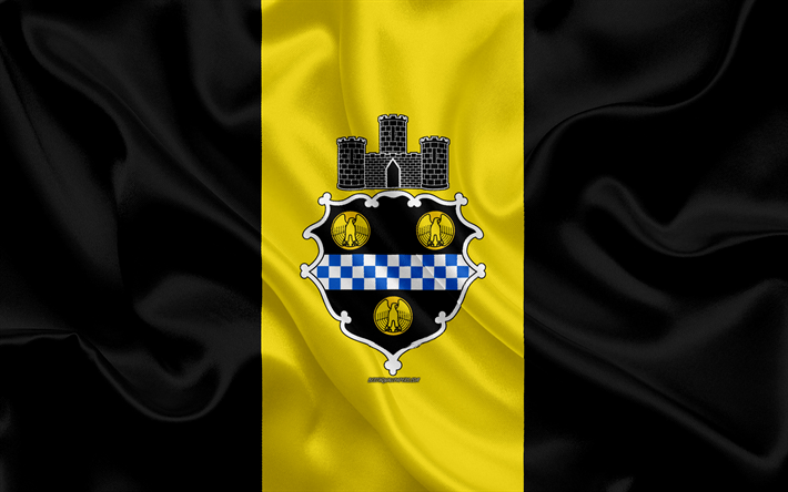 Bandeira de Pittsburgh, 4k, textura de seda, Cidade americana, amarelo preto de seda bandeira, Pittsburgh bandeira, Pensilv&#226;nia, EUA, arte, Estados unidos da Am&#233;rica, Pittsburgh