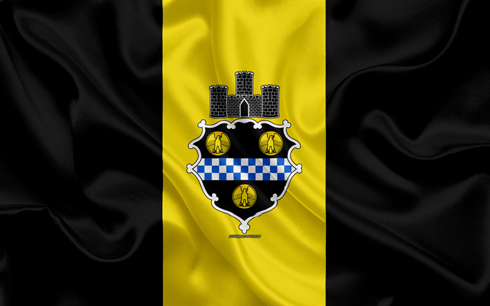 Flag of Pittsburgh, 4k, silk texture, American city, yellow black silk flag, Pittsburgh flag, Pennsylvania, USA, art, United States of America, Pittsburgh