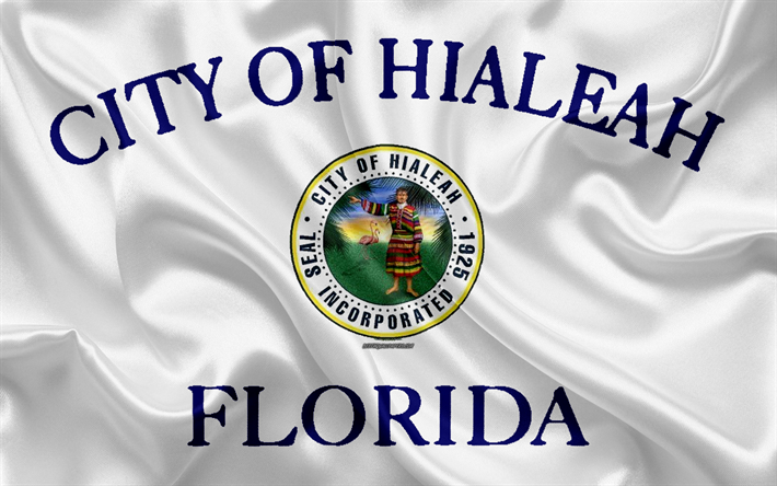 Flaggan i Hialeah, 4k, siden konsistens, Amerikansk stad, vit silk flag, Hialeah flagga, Florida, USA, konst, F&#246;renta Staterna, Hialeah