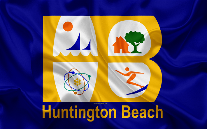 Amerika, Huntington Beach, 4k bayrak, ipek doku, Amerikan şehir, mavi ipek bayrak, bayrak, Kaliforniya, ABD, sanat, Amerika Birleşik Devletleri