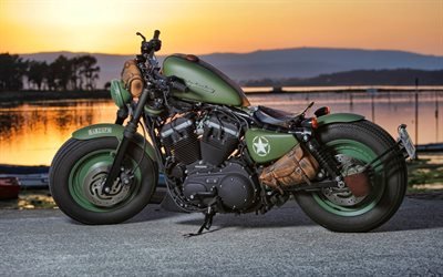 Harley-Davidson Sportster, coucher de soleil, militaire, moto, motos custom, Harley-Davidson