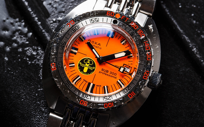 Doxa SUB 300 Professionella, armbandsur, close-up, Doxa