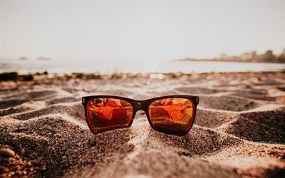 4k, النظارات الشمسية, الشاطئ, قرب, الصيف, مفهوم السفر, الرمال
