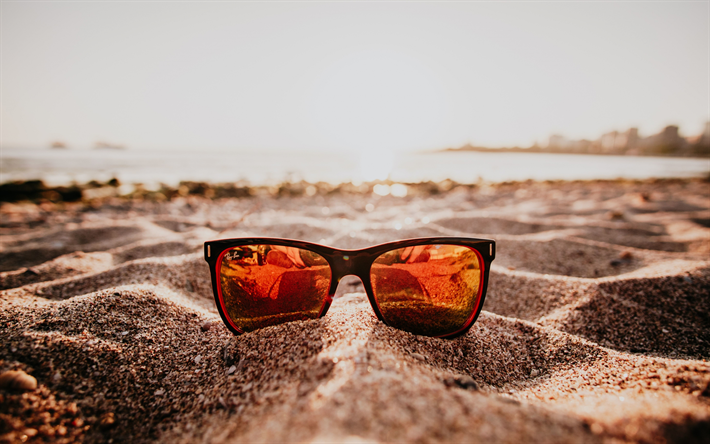 4k, gafas de sol, playa, primer plano, el verano, el concepto de viaje, arena