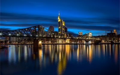 Steg bridge, Eiserner Steg, Frankfurt, night, footbridge, Main river, Germany, cityscape, skyscrapers
