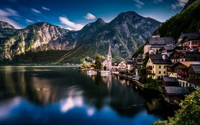 Hallstatt, Autriche, lac, mountain landscape, morning, summer, le Lac de Hallstatt, Salzkammergut