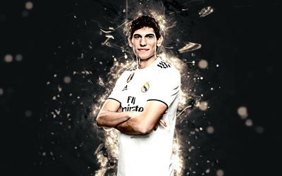 Jesus Vallejo, 4k, season 2018-2019, footballers, neon lights, Real Madrid, soccer, Vallejo, fan art, La Liga, football