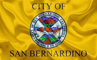 Flaggan i San Bernardino, 4k, siden konsistens, Amerikansk stad, gult silke flagga, San Bernardino flagga, Kalifornien, USA, konst, F&#246;renta Staterna, San Bernardino