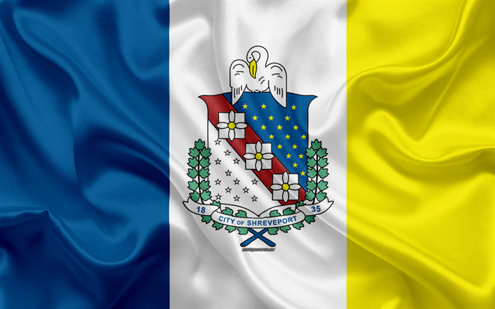 Flag of Shreveport, 4k, silk texture, American city, blue and white yellow silk flag, Shreveport flag, Louisiana, USA, art, United States of America, Shreveport