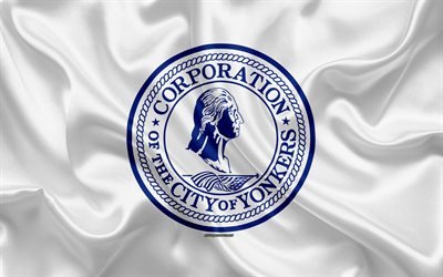Flag of Yonkers, 4k, silk texture, American city, white silk flag, Yonkers flag, New York, USA, art, United States of America, Yonkers