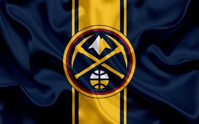Denver Nuggets, 4k, NBA, nya logotyp 2018, siden konsistens, nya emblem 2018, bl&#229; silk flag, Denver, Colorado, USA, basket, National Basketball Association