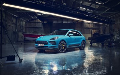 Porsche Macan, 2019, 4k, vista frontale, esterno, garage, nuova luce blu Macan, sport crossover, auto tedesche, Porsche