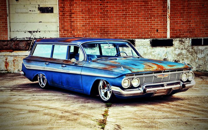 Chevrolet Nomad, HDR, 1961 cars, retro cars, tuning, american cars, 1961 Chevrolet Nomad, lowrider, Chevrolet