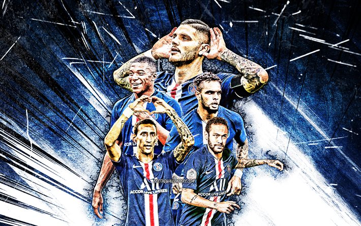 4k, Neymar, Kylian Mbappe, Edinson Cavani, Mauro Icardi, Layvin Kurzawa, grunge art, PSG, football stars, Ligue 1, PSG team, blue abstract rays, soccer, Paris Saint-Germain