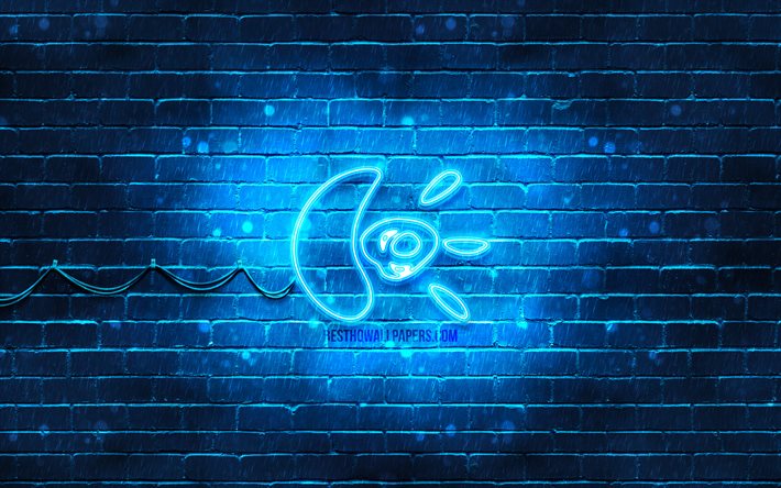 Logitech logo blu, 4k, blu, brickwall, logo Logitech, marche, Logitech neon logo Logitech