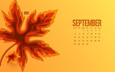2021 septemberkalender, 3d höstlöv, orange bakgrund, september, höstkoncept, kalender 2021, höst, september 2021 kalender