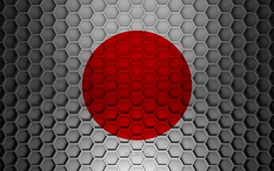 Japan flagga, 3d hexagons textur, Japan, 3d textur, Japan 3d flagga, metall textur