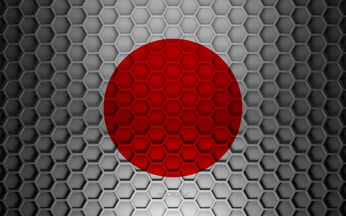 Japan flag, 3d hexagons texture, Japan, 3d texture, Japan 3d flag, metal texture, flag of Japan