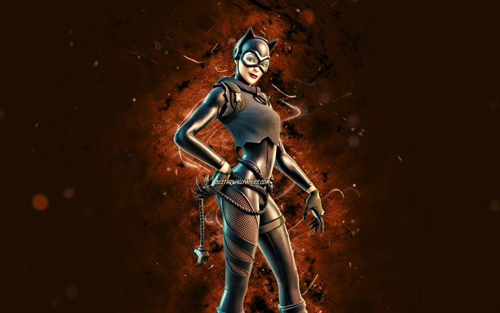 Catwoman Zero, 4k, luci al neon marroni, Fortnite Battle Royale, personaggi di Fortnite, Catwoman Zero Skin, Fortnite, Catwoman Zero Fortnite