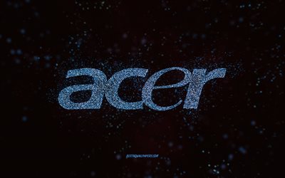 Acer glitter logo, 4k, black background, Acer logo, blue glitter art, Acer, creative art, Acer blue glitter logo