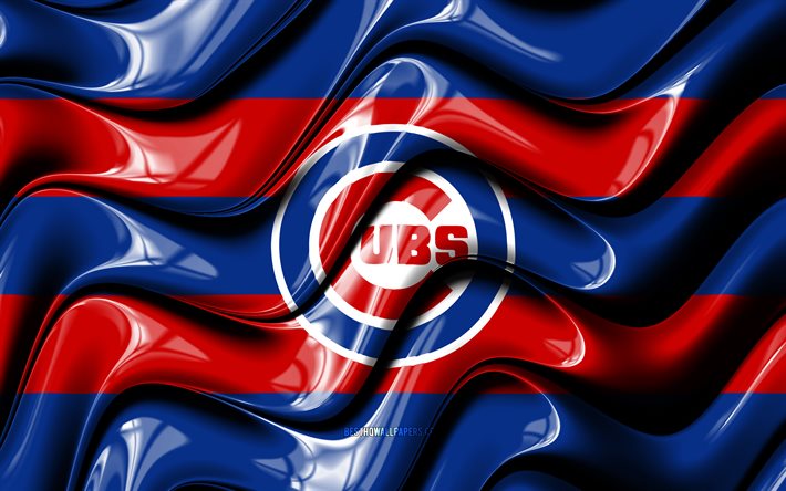 Bandiera dei Chicago Cubs, 4k, onde 3D blu e rosse, MLB, squadra di baseball americana, logo dei Chicago Cubs, baseball, Chicago Cubs