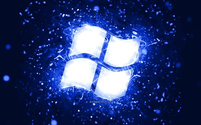 Windows dark blue logo, 4k, dark blue neon lights, creative, dark blue abstract background, Windows logo, OS, Windows