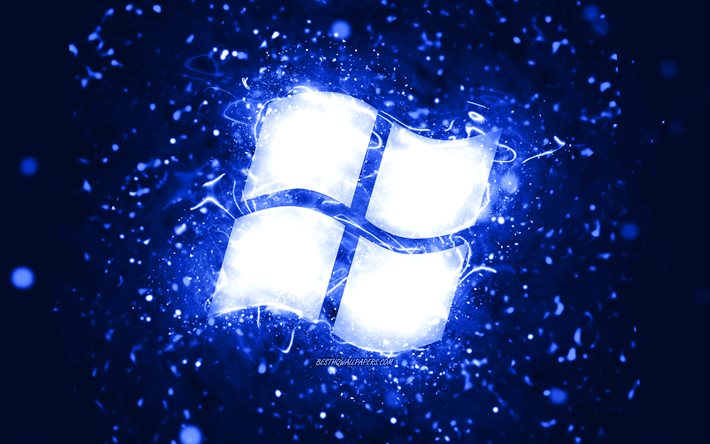 Windowsダークブルーのロゴ, 4k, ダークブルーのネオンライト, creative クリエイティブ, 濃い青の抽象的な背景, Windowsロゴ, OS, Windows