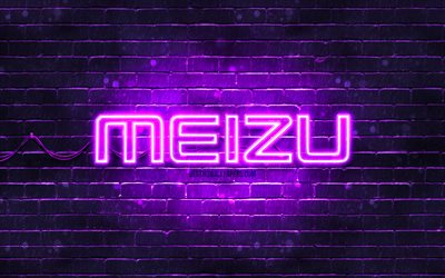 Meizu violetti logo, 4k, violetti tiilisein&#228;, Meizu logo, tuotemerkit, Meizu neon logo, Meizu