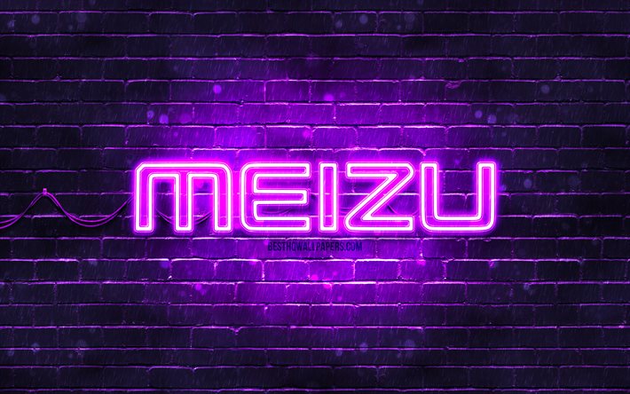 meizu violettes logo, 4k, violette ziegelwand, meizu logo, marken, meizu neon logo, meizu