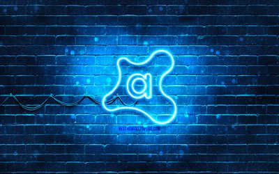 Logo blu Avast, 4k, brickwall blu, logo Avast, software antivirus, logo neon Avast, Avast