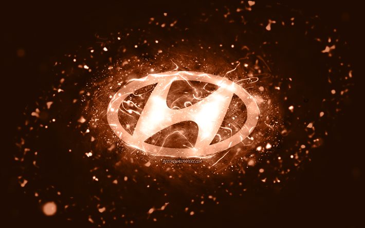 Logo Hyundai marrone, 4k, luci al neon marroni, creativo, sfondo astratto marrone, logo Hyundai, marchi di auto, Hyundai