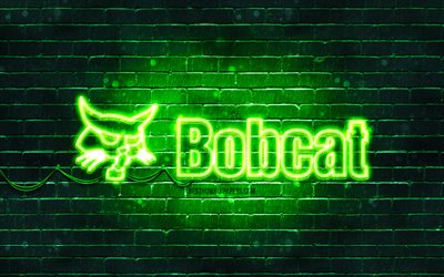 Logotipo verde Bobcat, 4k, parede de tijolos verdes, logotipo Bobcat, marcas, logotipo de neon Bobcat, Bobcat